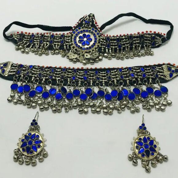 Afghan Blue Glass Stones Jewelry Set, Four Piece Kuchi Afghan Jewelry Set - Picture 2 of 7